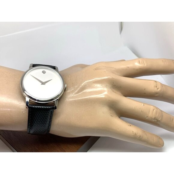 Movado Men's Watch 2100001 Swiss Quartz Silver Dial Black Leather Band 39mm - Picture 5 of 14